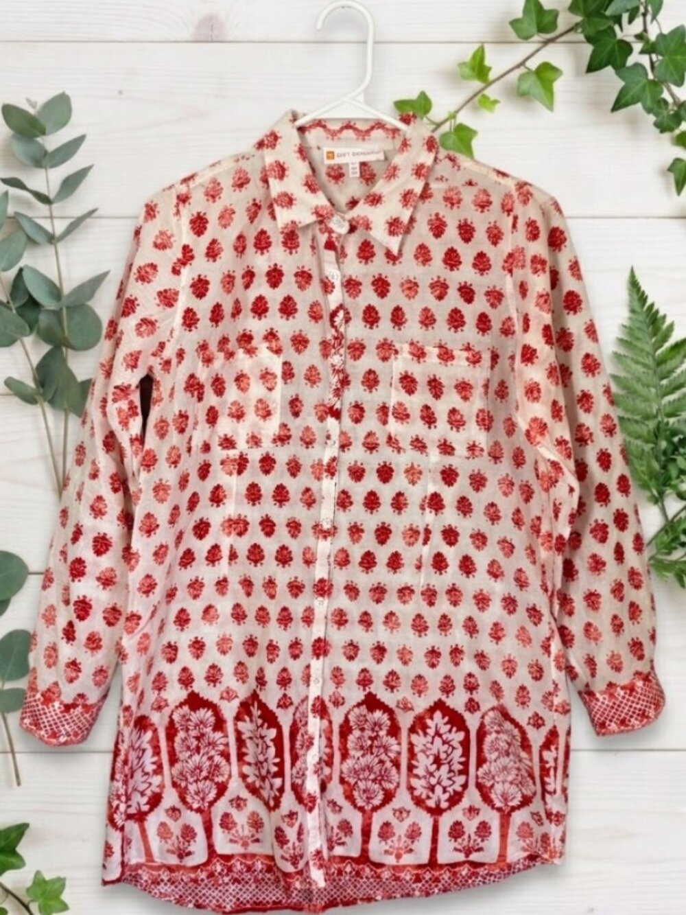 Jude Connally L Tunic Top Red Button USA Lightweight Ikat Coverup Beachy Gauzy